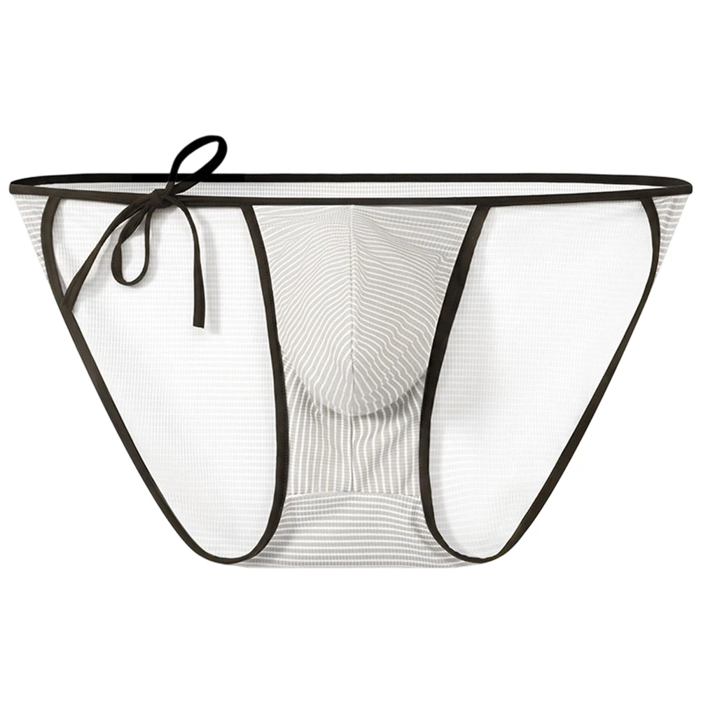 Men Side Tie Up Striped Briefs Underwear Low Waist Bulge Pouch See-through Striped Mesh Briefs Sexy Underpants