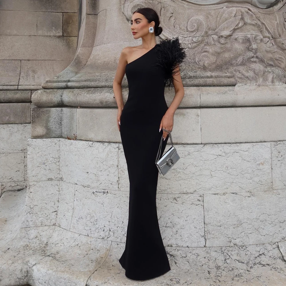 

GORAFASHION Sexy Feather One Shoulder Women Party prom Dress Classic Black Hip Package Bodycon Maxi Dress Elegant Club Evening