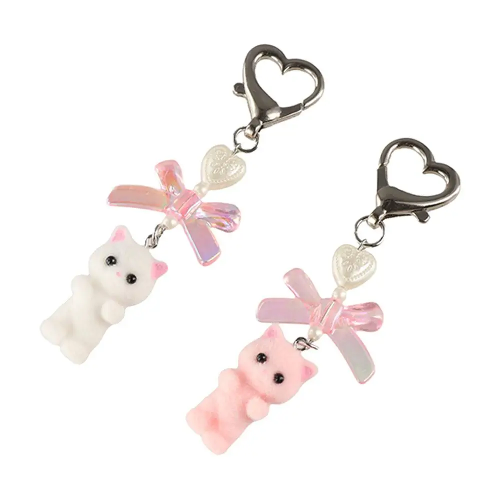 Fashion Cat Pendant Keychain Cartoon Cute Heart Bow Shaped Key Ring Delicate Flocking Animals Pendant Key Chain Women
