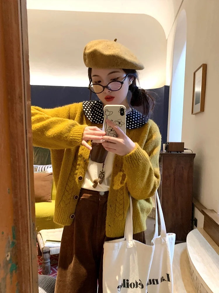 

Fufufun Yellow Egg Tart Soft Cozy Tofu Yellow Twist Sweater Open Cardigan Sweater Sweet Sle Loose Fit Autumn Winter Women's...