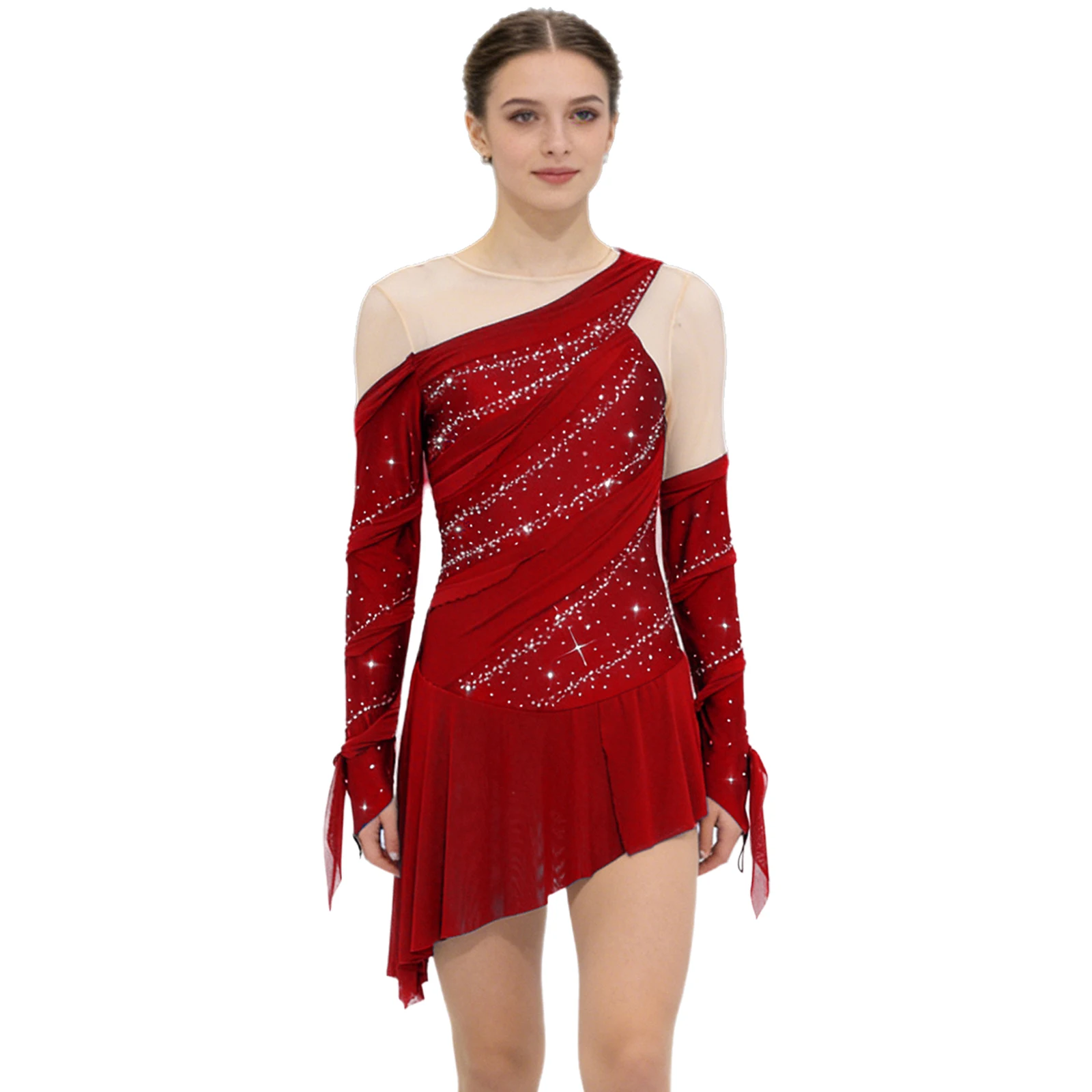 

Women Ruched Contemporary Lyrical Dance Leotard Dress Irregular Tulle Sheer Mesh Skating Ballet Gymnastics Ice Skating Bodysuit