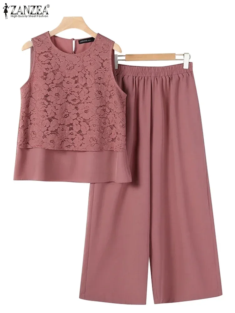ZANZEA Frauen Lange Hose Sets 2025 Koreanische 2PCS Hose Sets Fashion Solid Ärmellose Spitze Tank Anzug Beiläufige Lose Feste passenden Sets