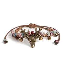 Deer Head Crackle Ceramic Bracelet Adjustable Handmade Braided Jewelry Boho Rustic Style Unique Gift for Women 1190