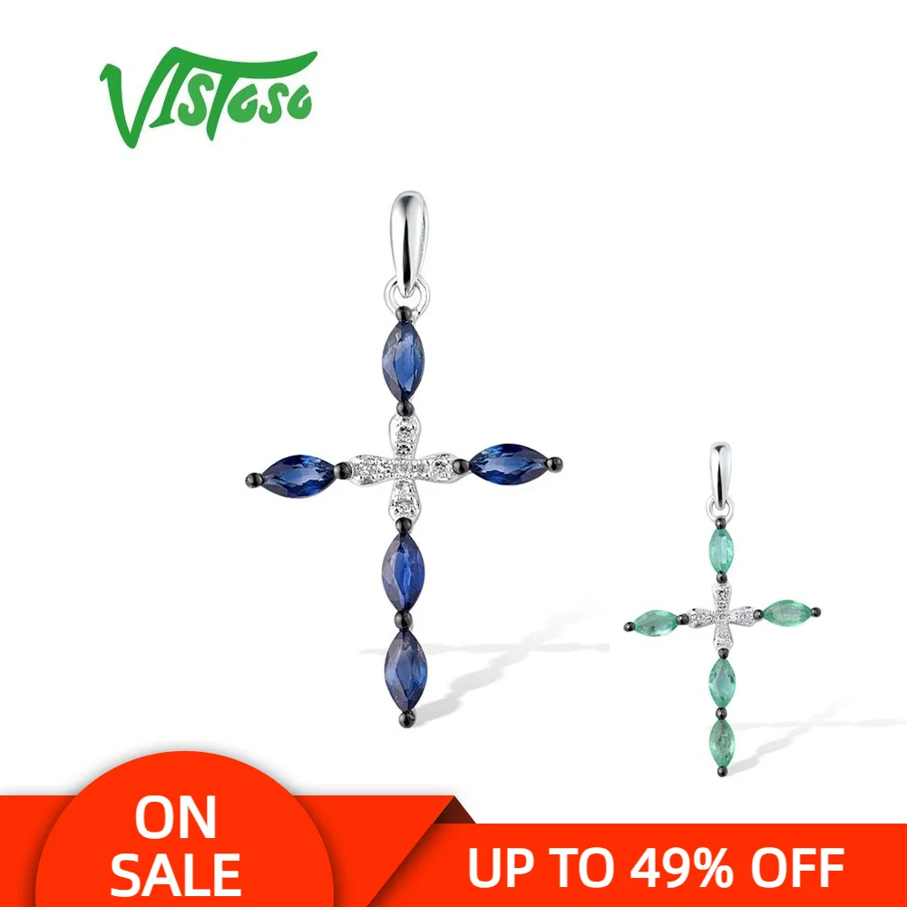 VISTOSO Gold Pendants For Women Pure 14K 585 White Gold Emerald/Blue Sapphire Diamond Cross Pendant Engagement Gift Fine Jewelry