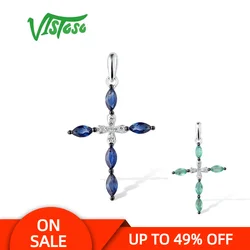 VISTOSO Gold Pendants For Women Pure 14K 585 White Gold Emerald/Blue Sapphire Diamond Cross Pendant Engagement Gift Fine Jewelry