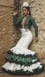 Hunter Green and White Mermaid Prom Dresses with Long Sleeve Ruffles Tiered Skirt Evening Gown Vestido de flamenca customsized