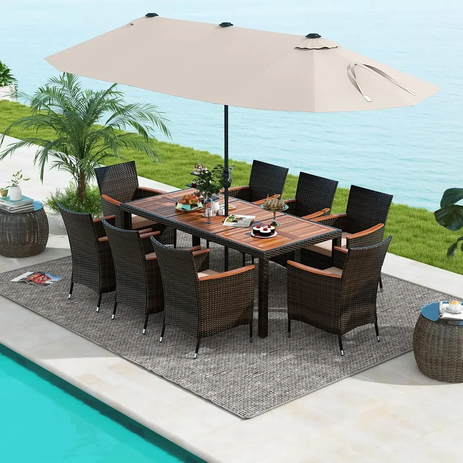 

11 Pieces Patio Dining Set with 15ft Double-Sided Patio Umbrella (Base Included), Outdoor Rattan Furniture Set with 8
