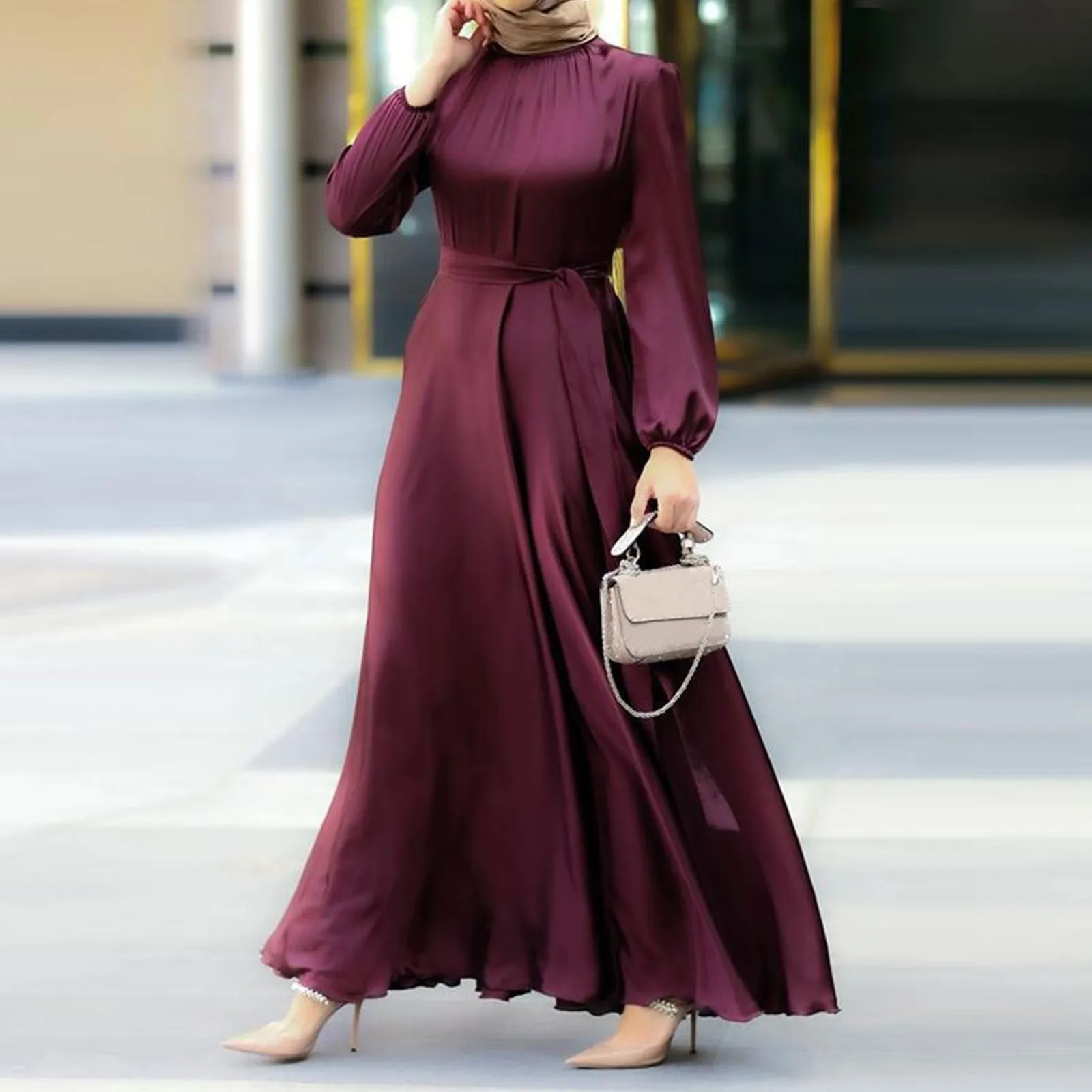 Ramadan Abaya 2024 Muslim Dubai Abaya Women\'s Solid Colour Casual Round Neck Lantern Long Sleeve Tied Waist Slim Loose Dresses
