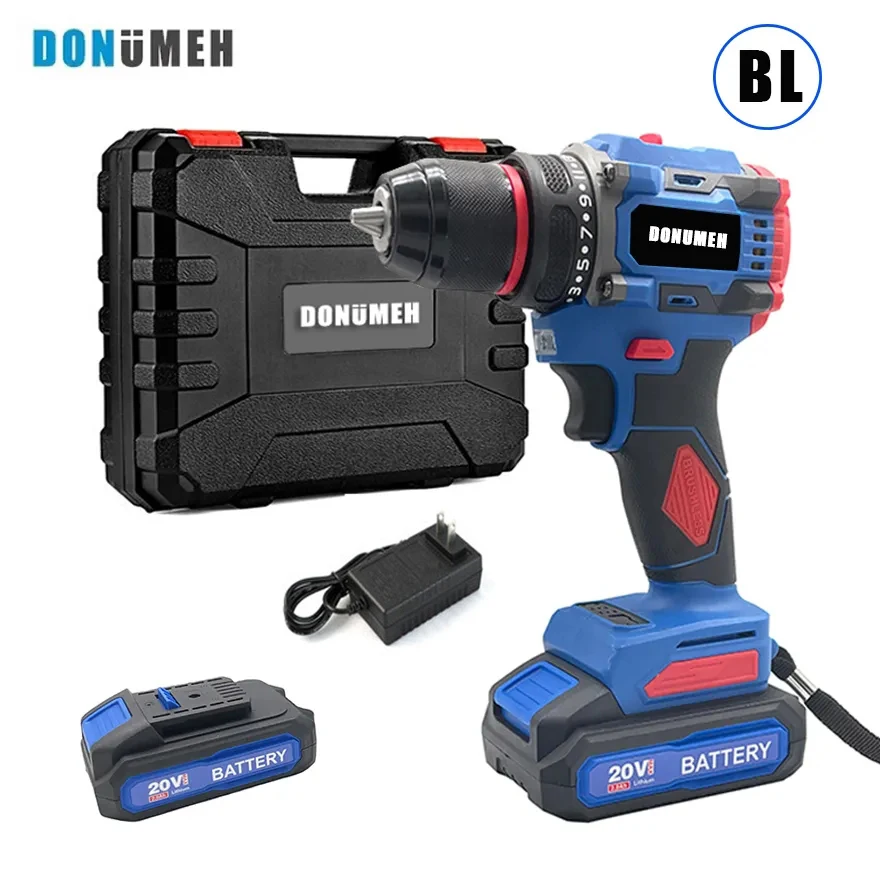 DONUMEH 20V Cordless Brushless Electric Drill Electric Screwdriver Big Torque  Metal Collet Rechargeable Lithium Battery