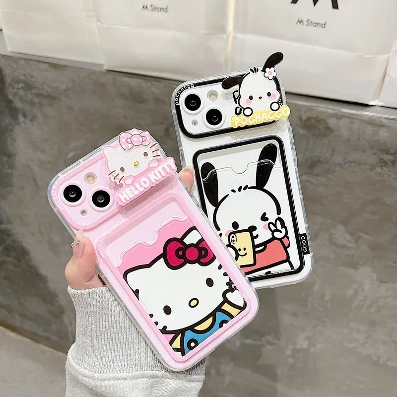 Cute Sanrio Hello Kitty Kuromi Pochacco Card Wallet Pocket Luminous Phone Case For iPhone 15 14 13 12 11 Pro Max Soft TPU Cover