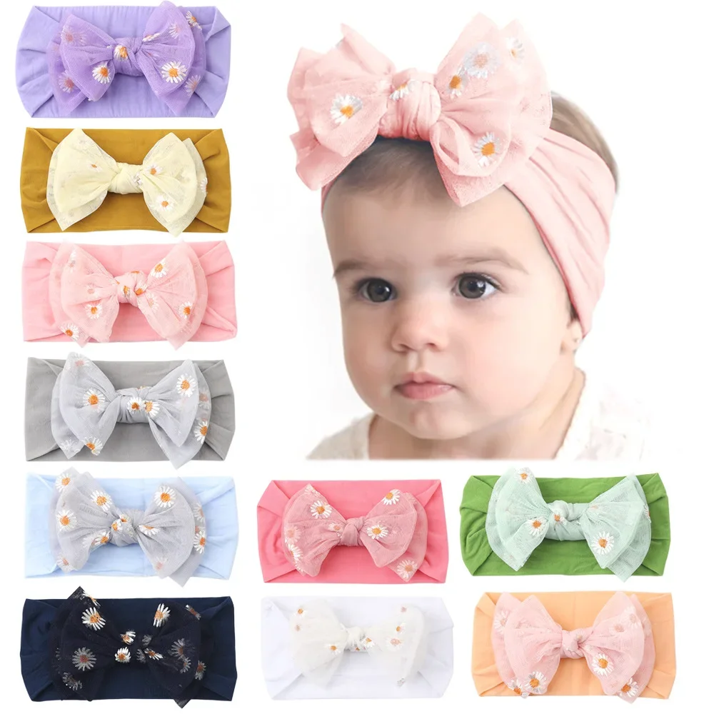 New 1PCS Small Daisy Flower Baby Girls Headwraps Double Lace Mesh Bows Newborn Toddler Headband Nylon Soft Kids Headwear