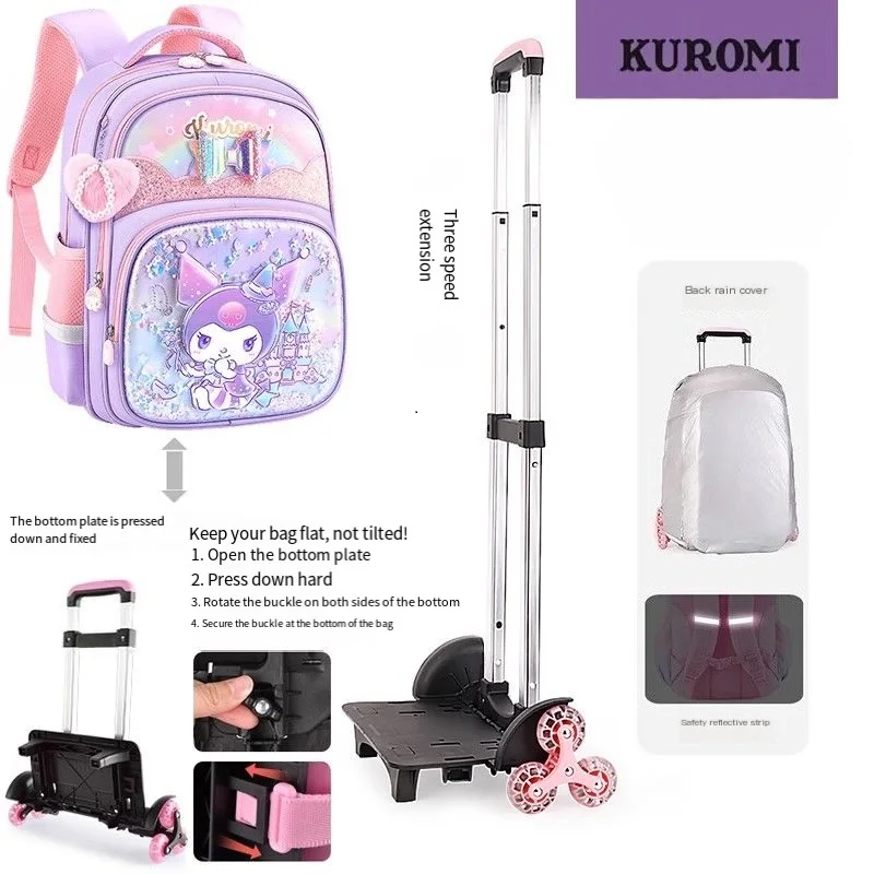 Cinnamoroll Schoolbag Anime Kids Hello Kittys Trolley Bag Kuromi Student Backpack with Wheels Save Effort High Capacity Durable