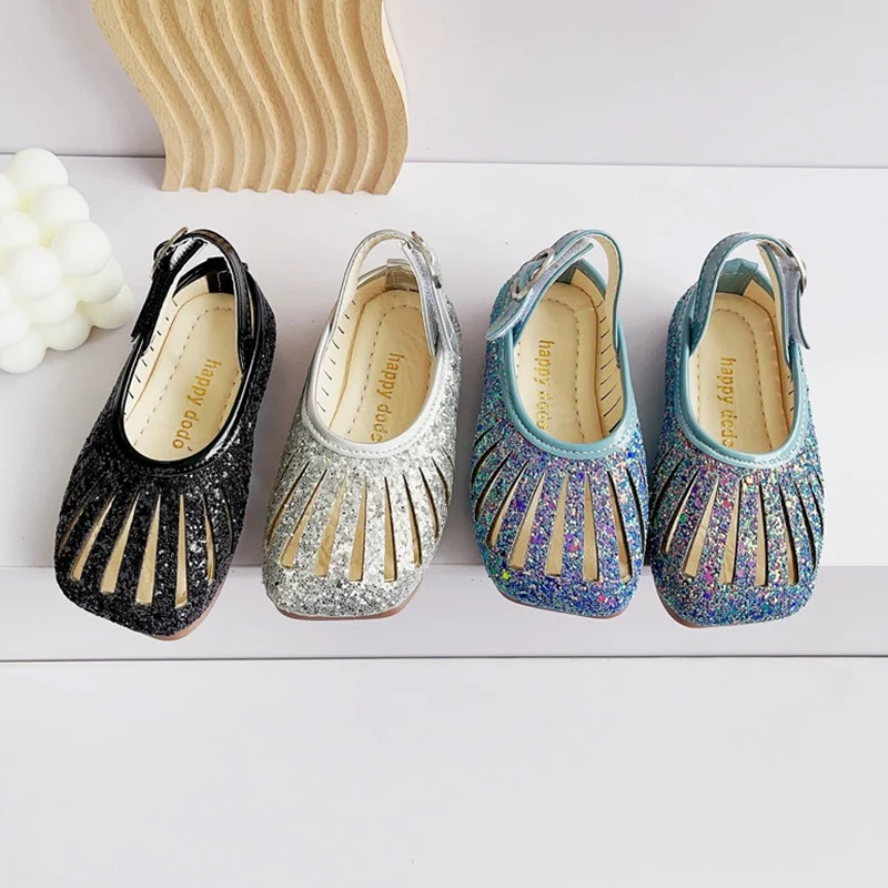 Classic Girls Kids Sequin Shoes Hollow Baby Girl Princess Dress Shoes Girls School Casual Shoes Soft Flats Footwear Size 21-30