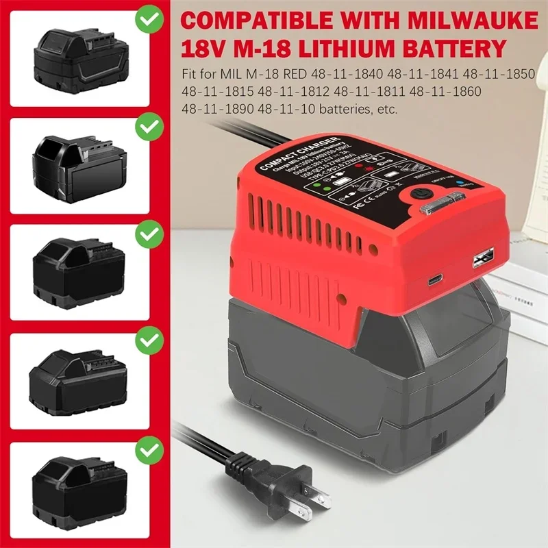 شاحن بطارية لميلووكي 18 فولت 48-59-1802 48-11-1850 48-11-1880 شاحن بطارية سريع مع منافذ إخراج USB ونوع C