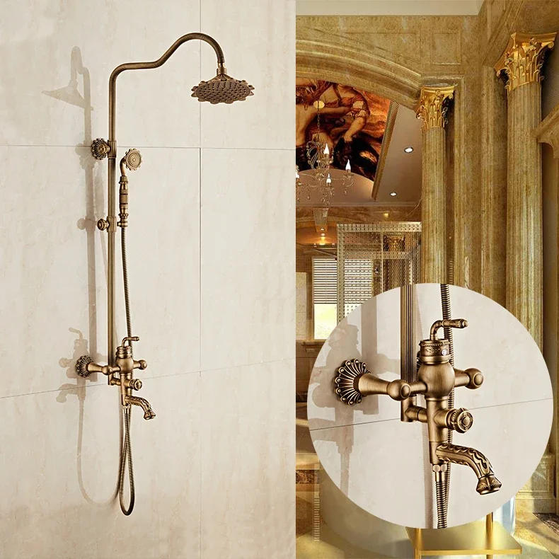 

Free Shipping Luxury Antique Carving Rainfall Shower Sets Faucet Mixer Tap With Tub Faucet Single Handles Bath & Shower Faucet