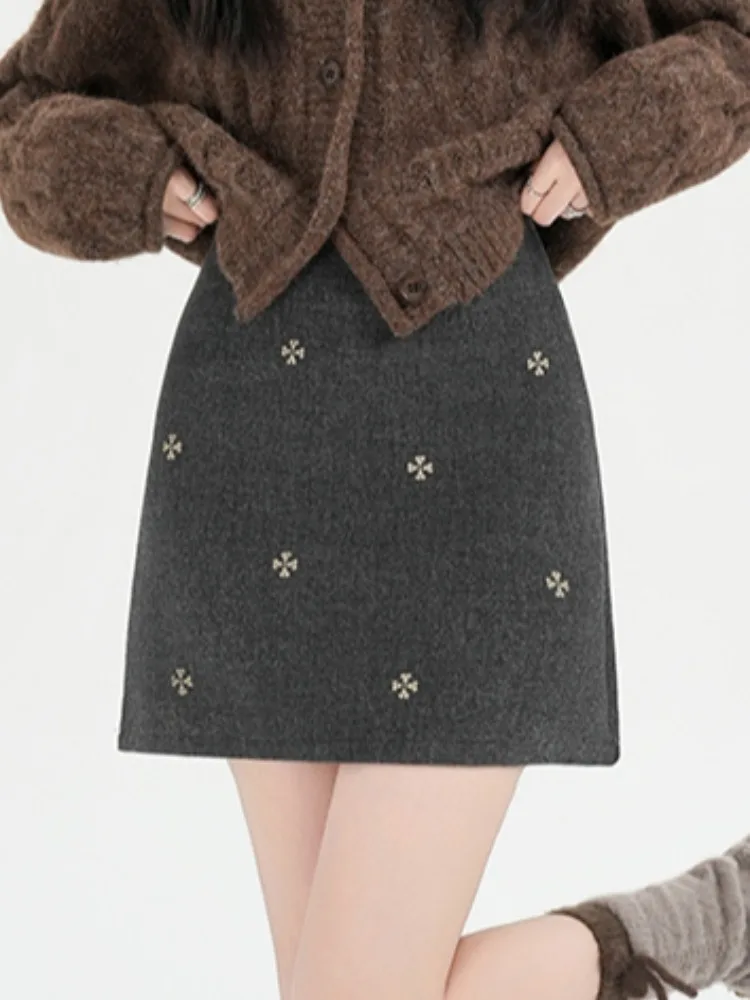 Retro Floral Stickerei Woolen Rock Hohe Taille frauen Luxus Sle A-Line ort Rock Herbst Winter Koreanische Sle