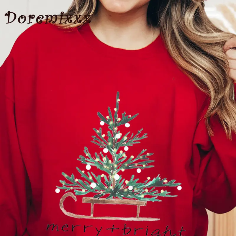 Merry and Bright felpe donna Harajuku Streetwear Casual manica lunga girocollo oversize moda felpa con cappuccio natale top