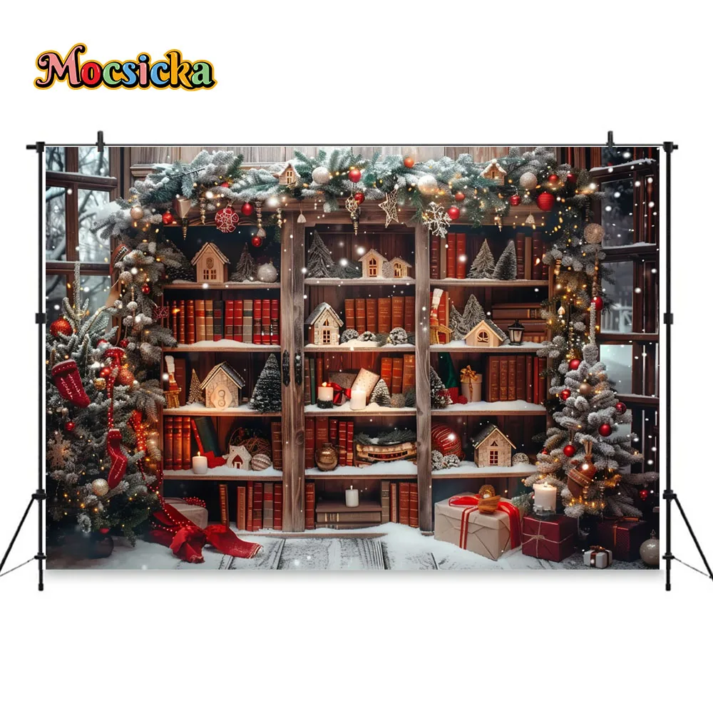 Christmas Bookshelf Photography Background Santa Wooden House Xmas Tree Candle Backdrop Kids Birthday Cake Smash Photo Studio