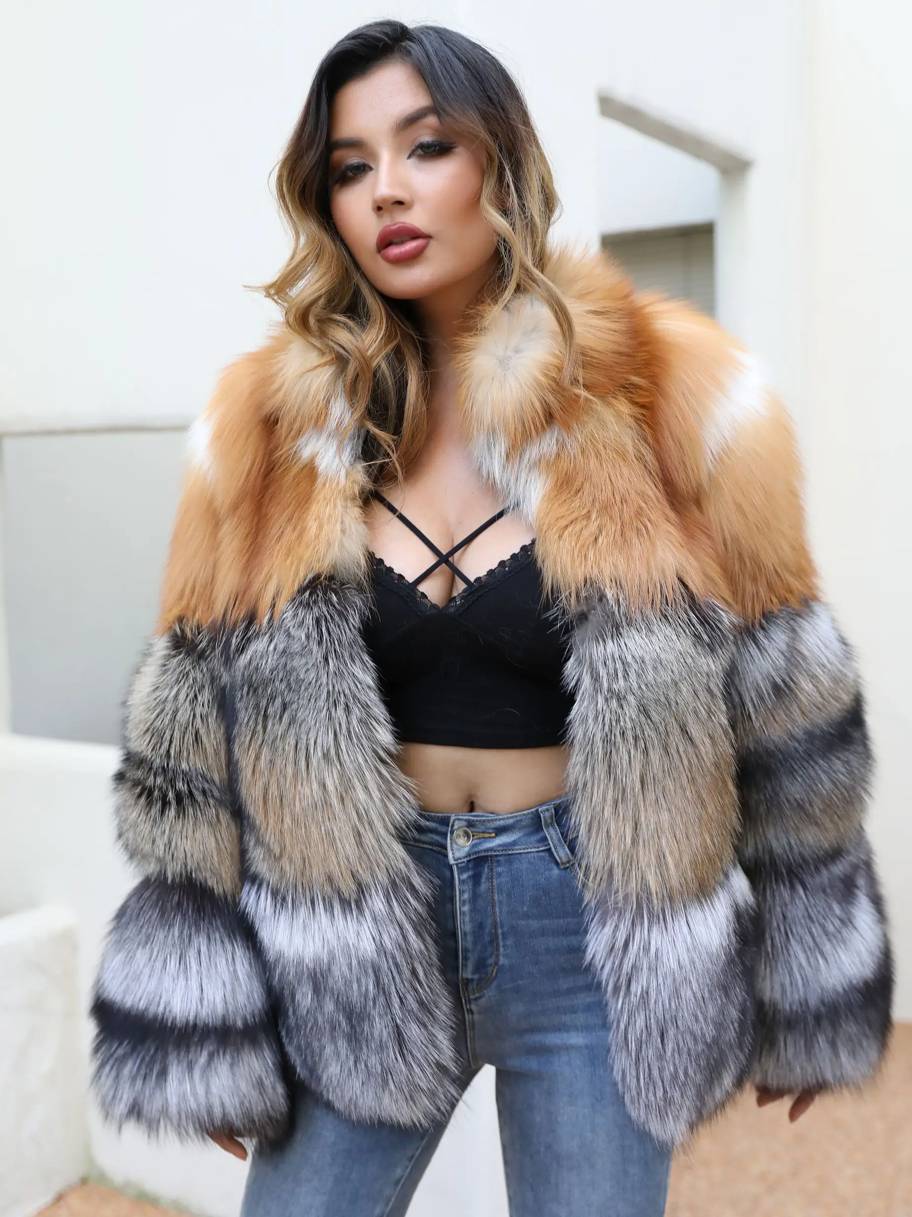 JANEFUR Real Fur Coat Women 2022 Luxury Mixed Red Silver Fox Fur Jackets Stand-Collar Warm Winter Outerwears