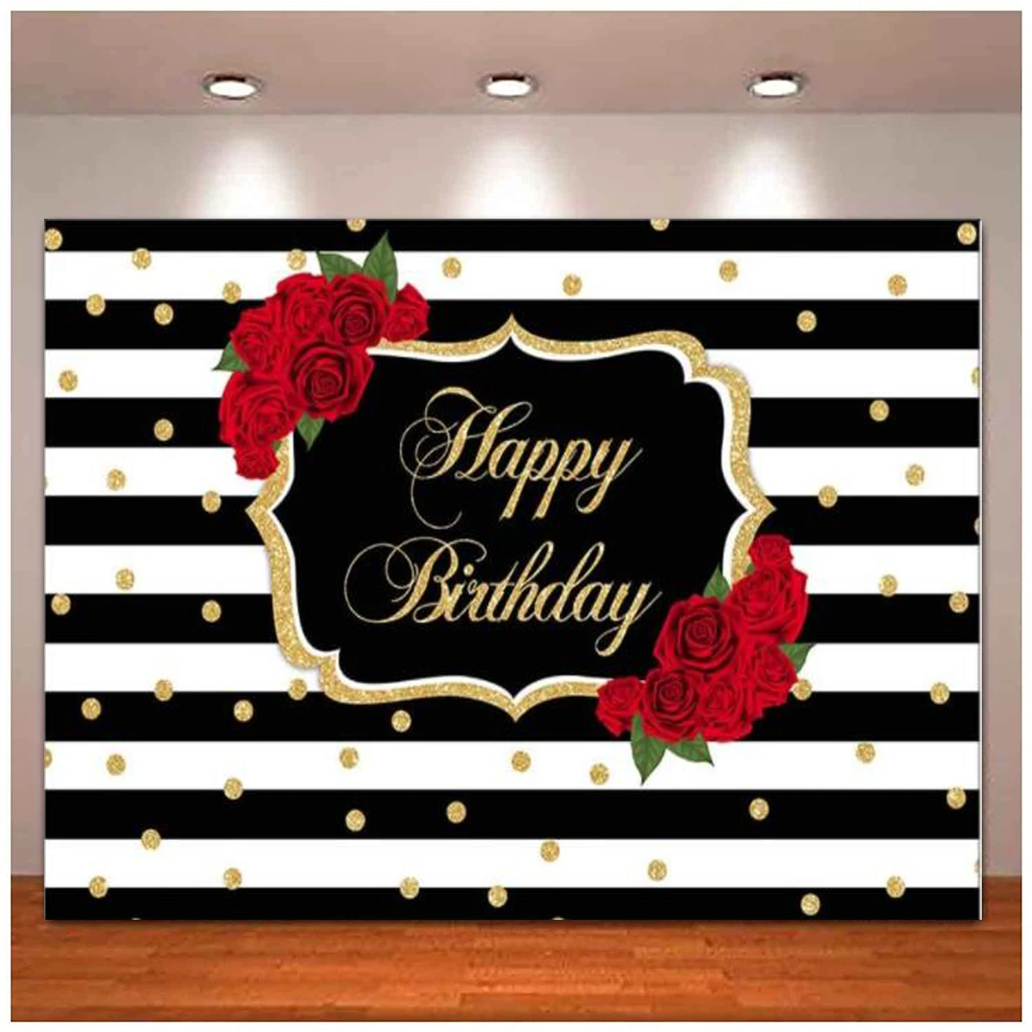 

Red Rose Happy Birthday Photography Backdrop Stripes Dots Birthday Background Women Birthday Party Banner Poster