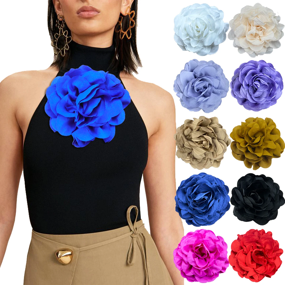 French Solid Color Pleated Fabric Brooch Camellia Light Luxury Exaggerated Party Party Couples Matching Color Clothing