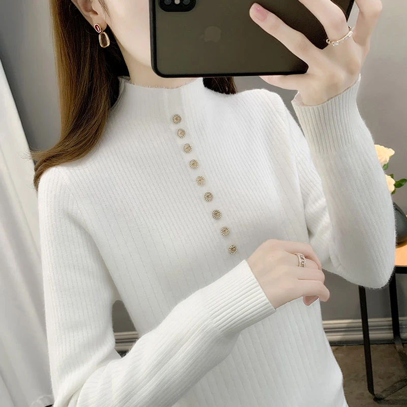 Thick Fleece Women's Top Half High Neck Slim Autumn Winter Warm Bottoming Shirt Button Solid All-mutch Casual Knitted Sweatwer