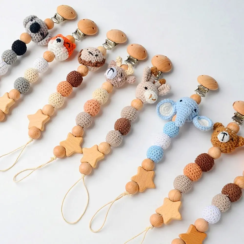 Cartoon Animal Teething Toys Beech Wood Anti-Drop Pacifier Holder Soother Chain Dummy Holder Baby Pacifier Clips