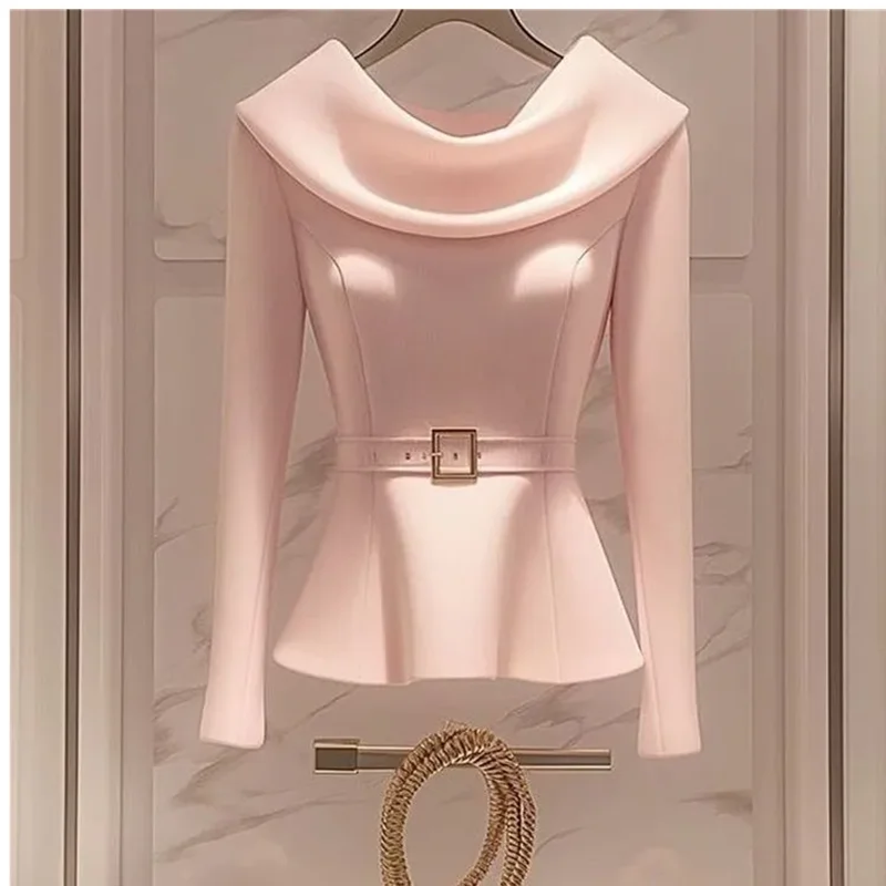 

Luxury Socialite Style Pink Long Sleeve Shirt Women Clothing Autumn Korean Blazers Chic Gentle Waist Slimming Pullovers Tops