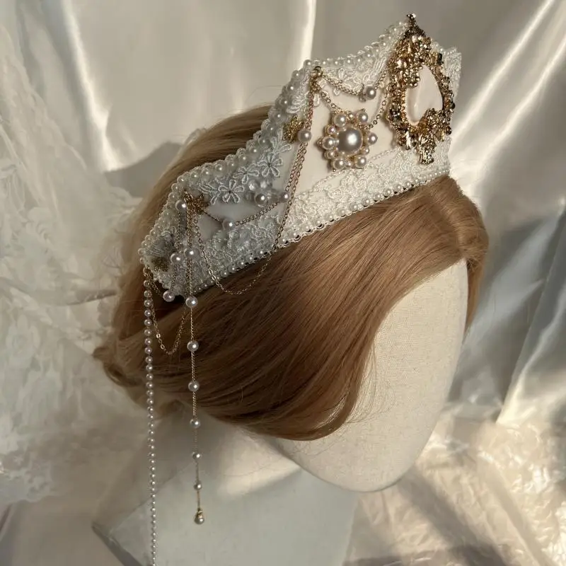 

luxury Mary Baroque Lolita pearl chain Headwear hand made Virgin Crown Headdress Cosplay Accessory