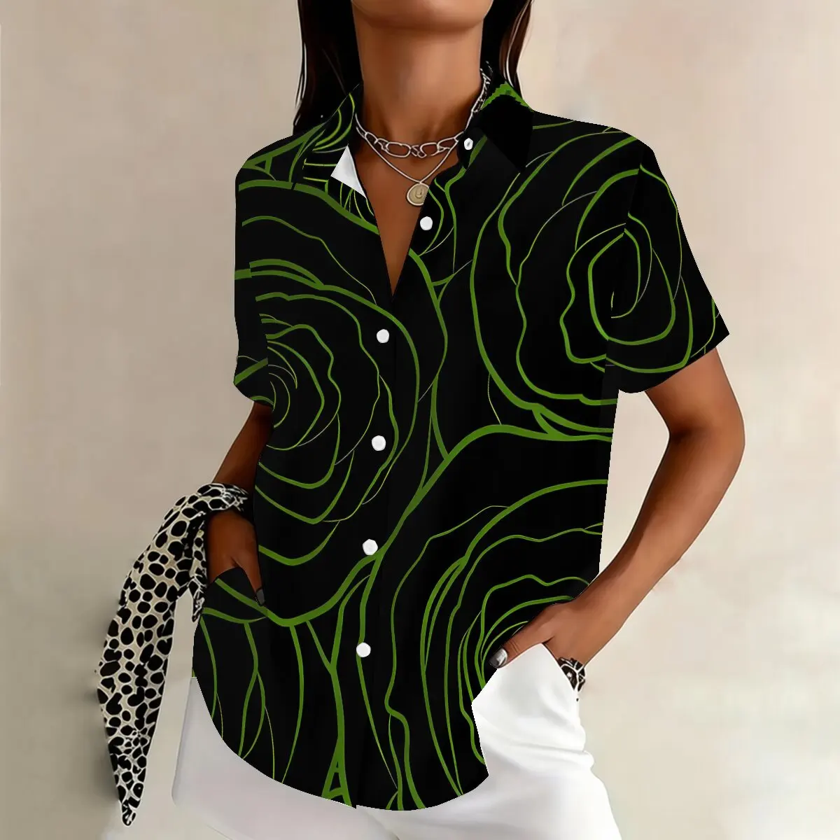 

Персонализированная женская рубашка с короткими рукавами и абстрактным зеленым принтом, больших размеров, для лета, повседневная, универсальная, на каждый день.