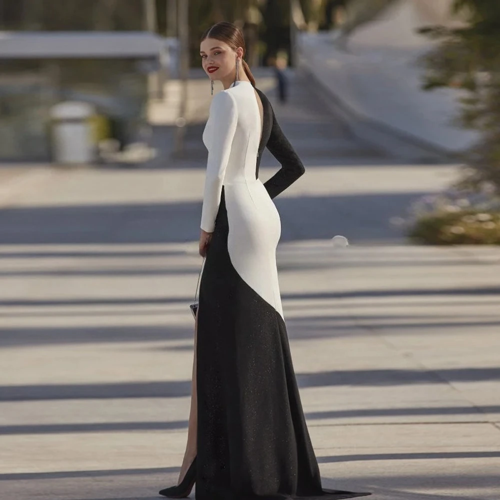 패션 이브닝 드레스 흑백 브이넥 긴 소매 인어 댄스 파티 드레스 허벅지 슬릿 바닥 길이 파티 가운 맞춤형