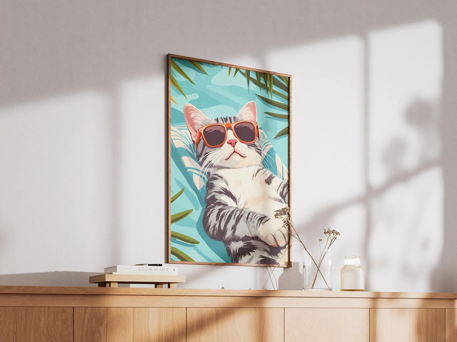 American Shorthair Cat Beach Vacation Poster Print Hawaiian Tabby Kitty with Sunglasses Summer Wall Art Decor