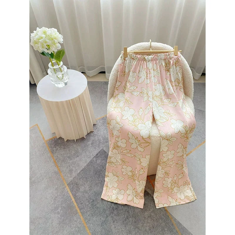 

Summer New Arrivals: Fairy-Style Satin Wide-Leg Pants with Fresh Floral Prints - Multi-Color Loungewear Pants