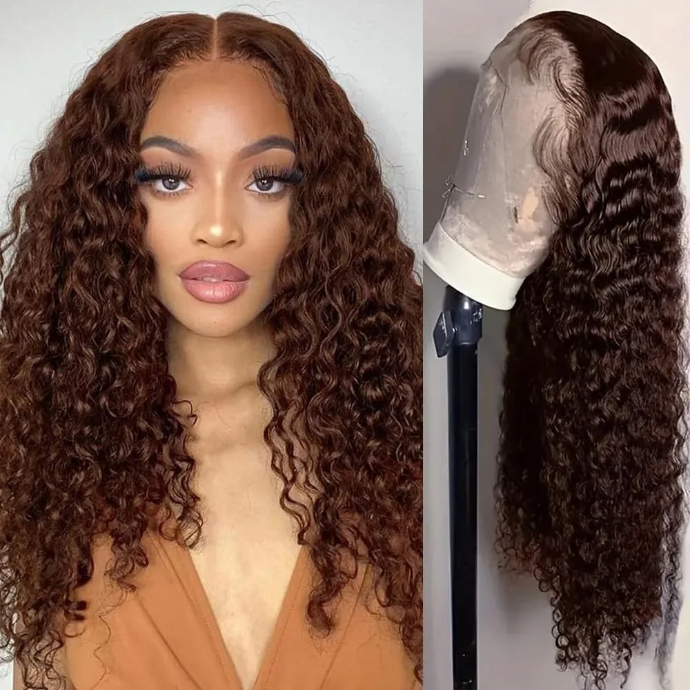 

Human Hair Pre Cut 5x5 Lace Closure Deep Wave Wig 180% Density Ready to Wear Curly Wig for Women Friendly Brown