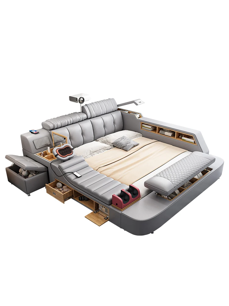 Tatami multifunctional master bed Modern minimalist massage leather double bed projection