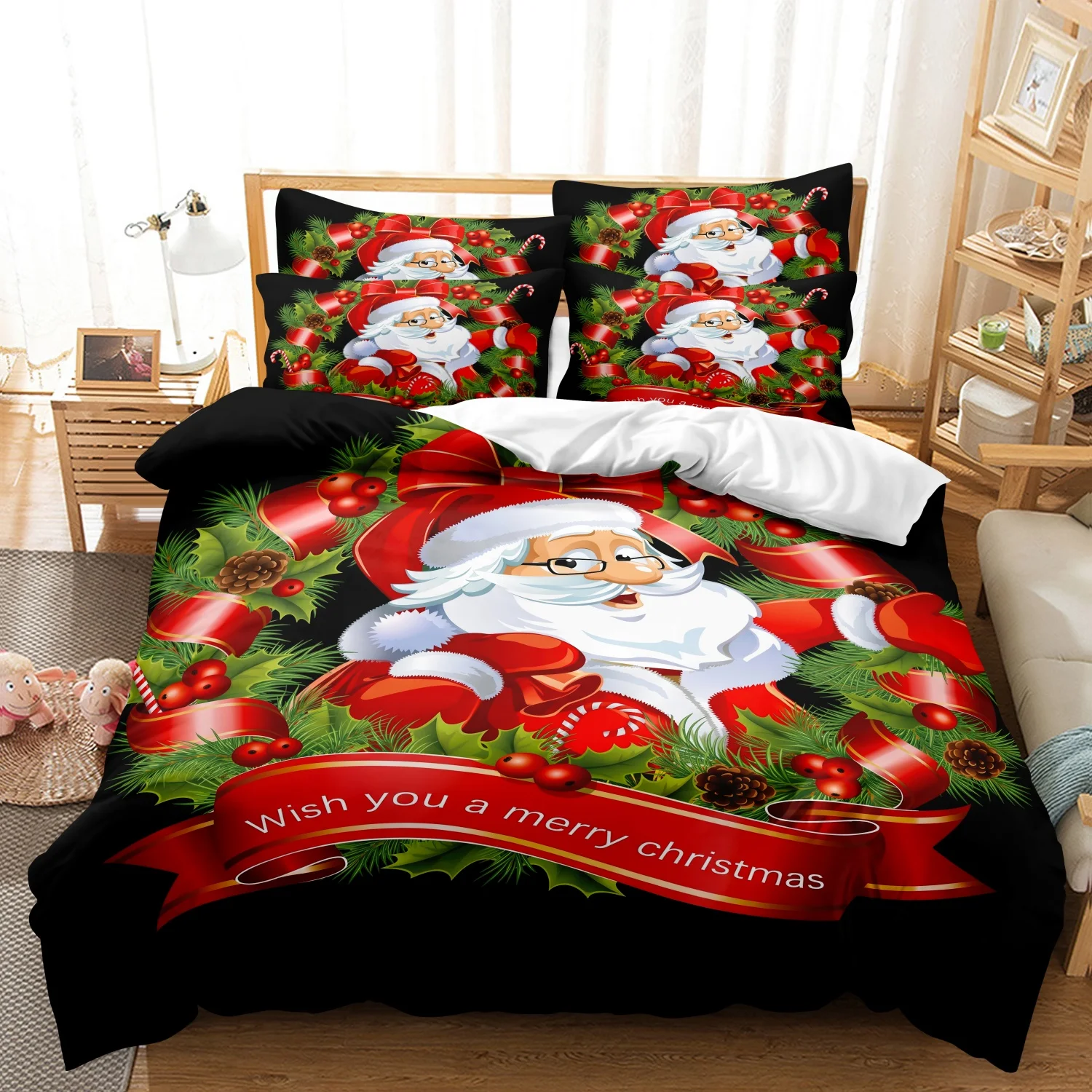 3Pcs Duvet Cover Set, Santa Claus Wreath Red Ribbon Wish You A Merry Christmas Print Bedding, Multiple Sizes Available