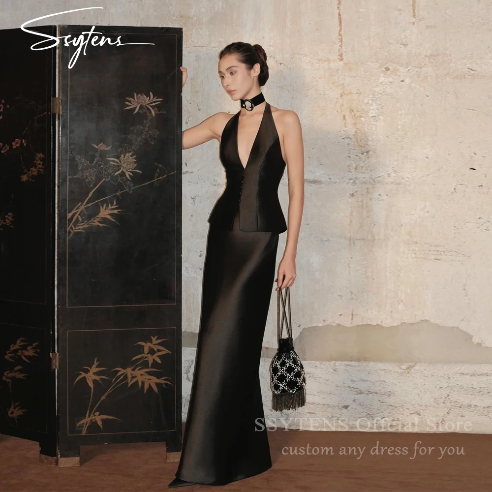 SSYTENS Modern Satin Long Evening Dresses Halter Sleeveless Wedding Prom Dresses Mermaid Formal Occasion Prom Gowns Customized