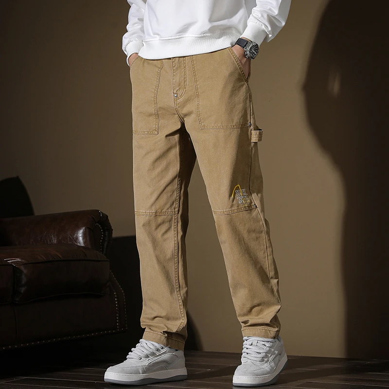 

Мужские брюки-карго в американском ретро-стиле, с двойными штанинами, в японском стиле, 100% хлопок, с эффектом потертости, прямого кроя, обычные.