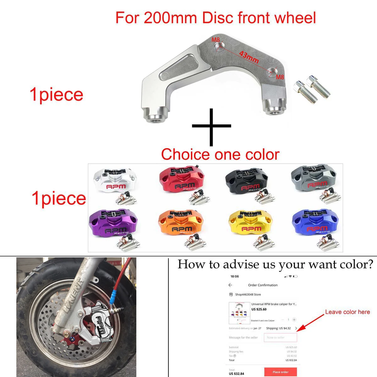 Scheibenbremssattel Moto vorne 4 Kolben Radialmontage 82mm RPM für Yamaha Kawasaki Scooter Rsz Jog Force Dirt Bike GROM