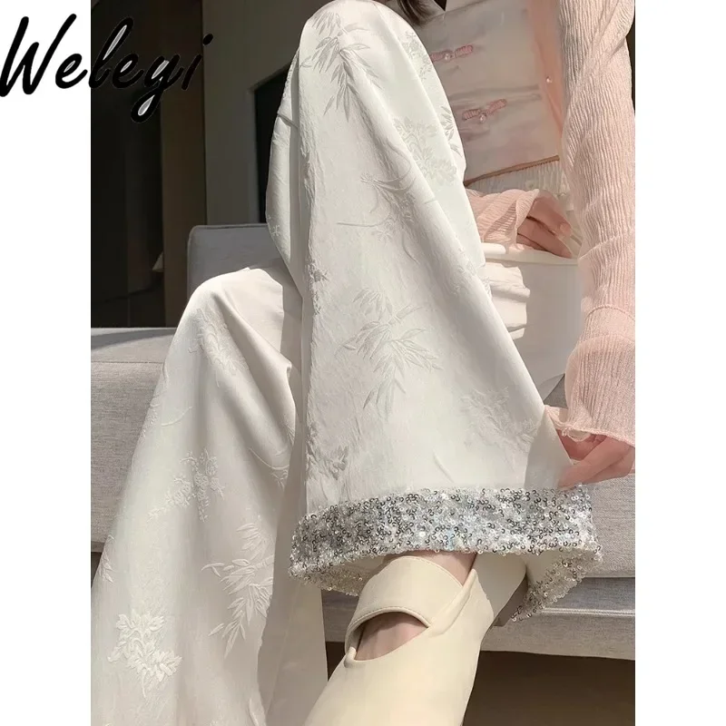 National Style Jacquard Sequined Splicing Wide-leg Trousers Female 2024 New Chinese Casual Women's Summer Loose Thin Floor Pants