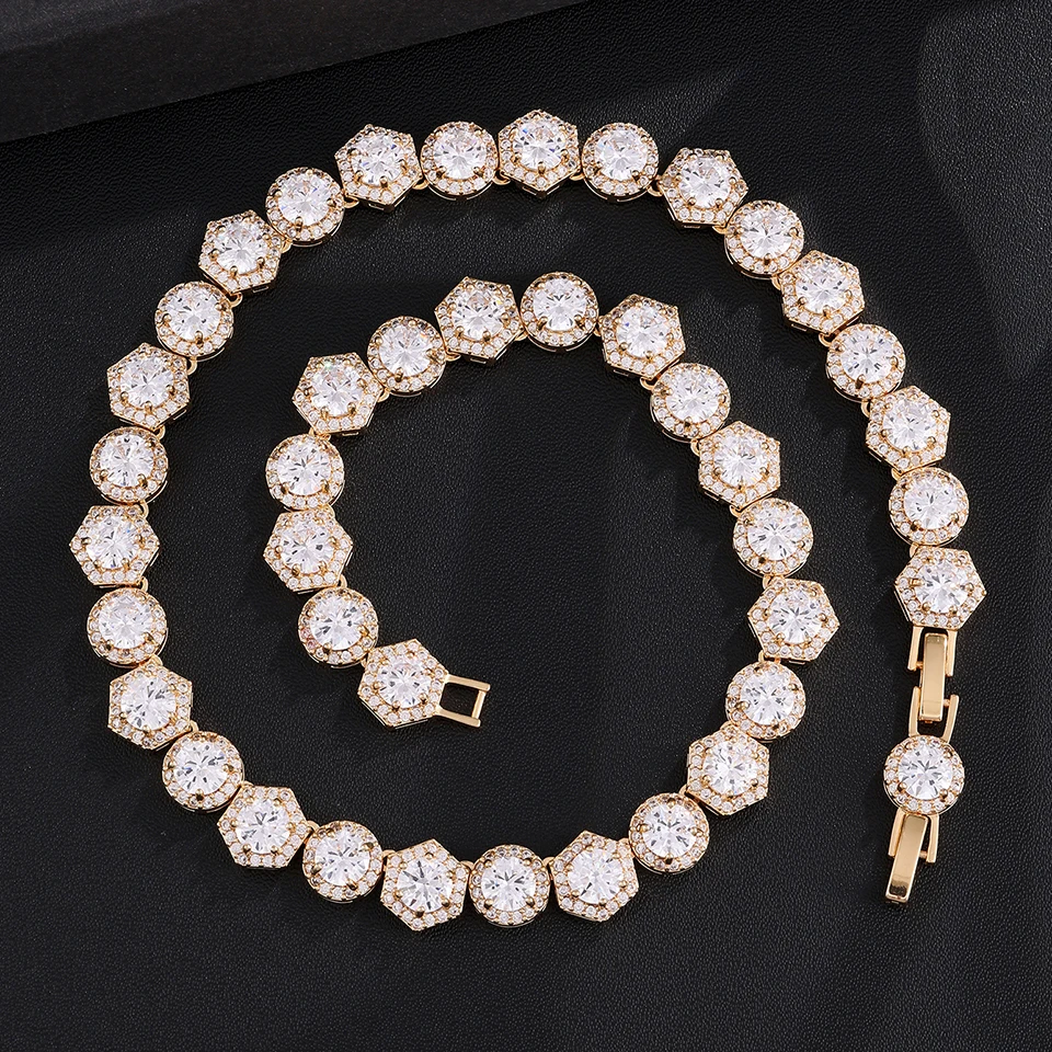 Luxuriöse Halo-Rund-CZ-Tennis-Ketten-Halskette für Damen, mehrfarbige Kristall-Hexagon-Rahmen-Gliederkette, Bankett-Modeschmuck – Detail 4