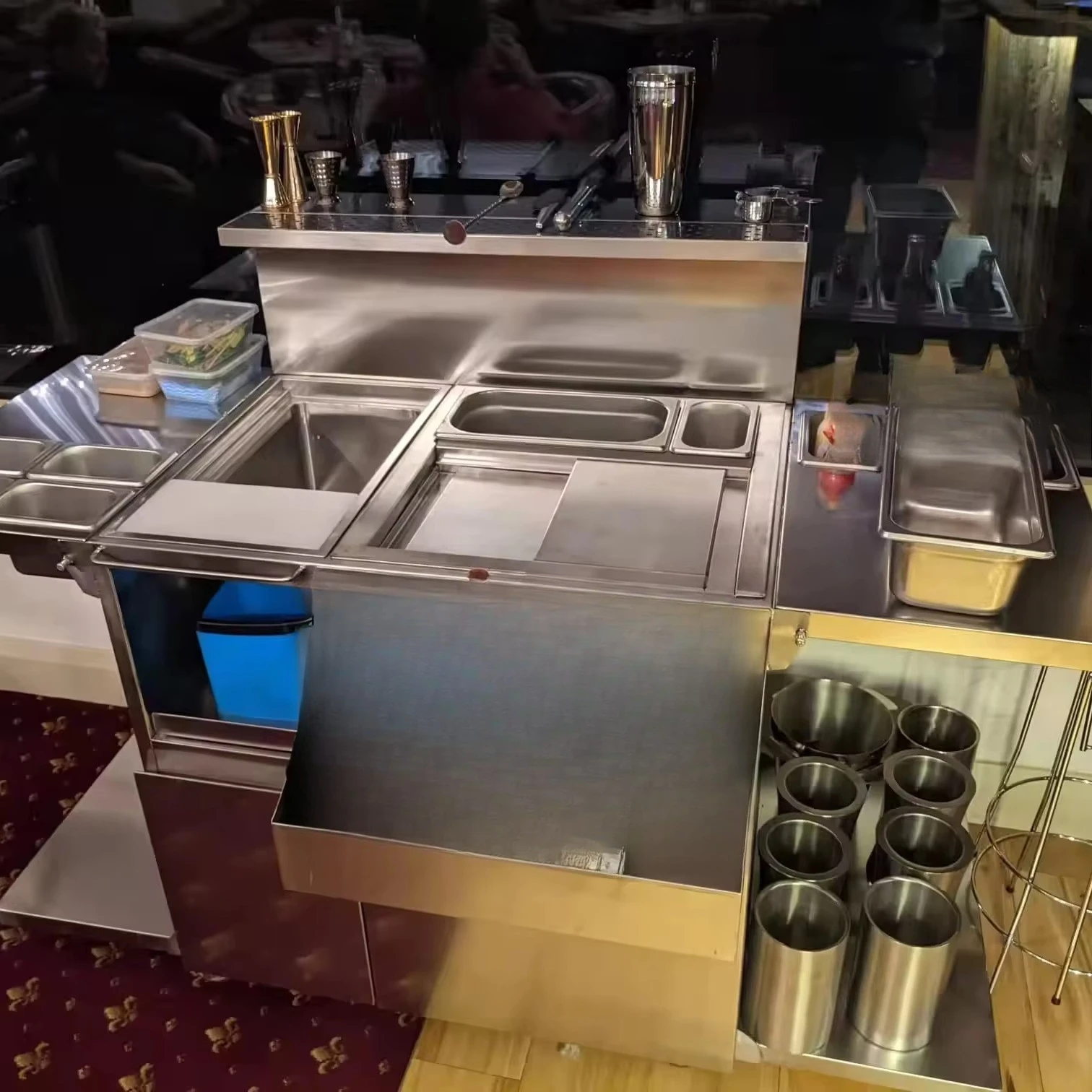 Stainless Steels Folding Juice bar Counter Juice bar Equipment Cocktail Set Bartender Kit with Wheel