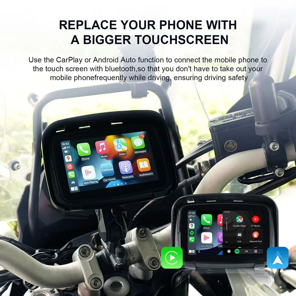 5-Zoll-Motorrad-Fahrrad-Carplay, Android-Autobildschirm, wasserdicht, kabellos, Apple Carplay, Touchscreen, Moto CarPlay, IPX7