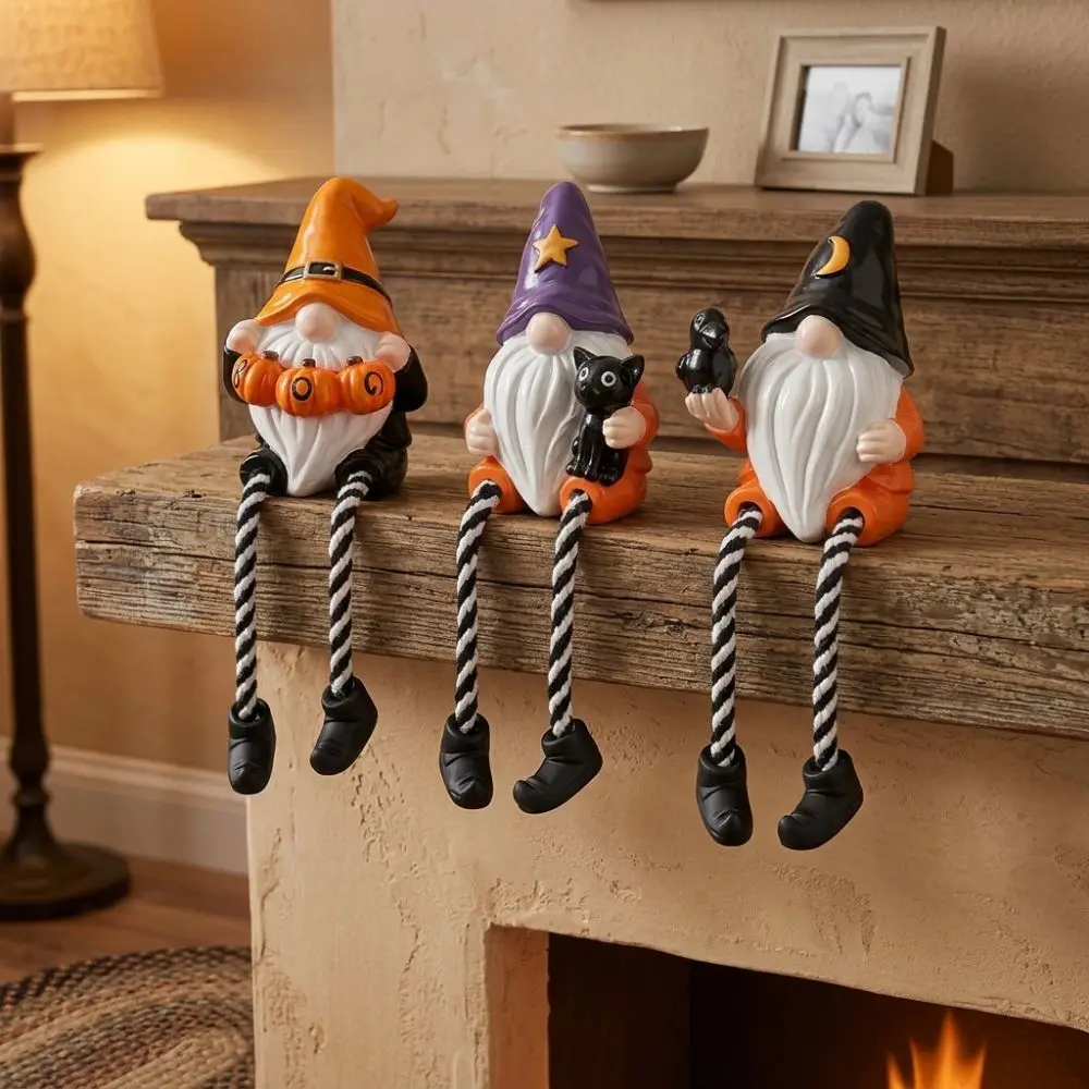 Hand-Painted Halloween Gnome Shelf Sitter Spooky Resin Crow Black Cat Gnome Figurine Striped Legs Pumpkin