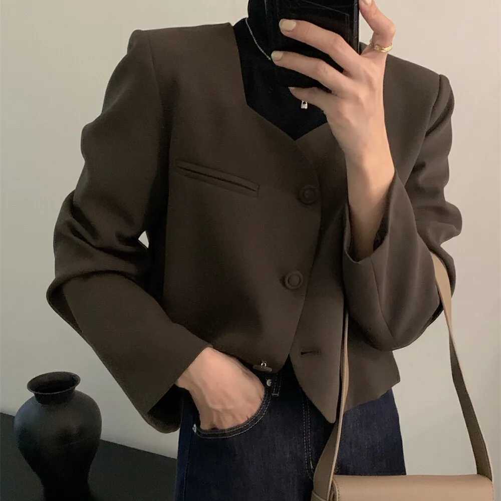 

Chic ort Suit Jaet Women's Faion Square Collar Simple Elegance Korean Sle Premium Quali Commute Wind Loose Fit