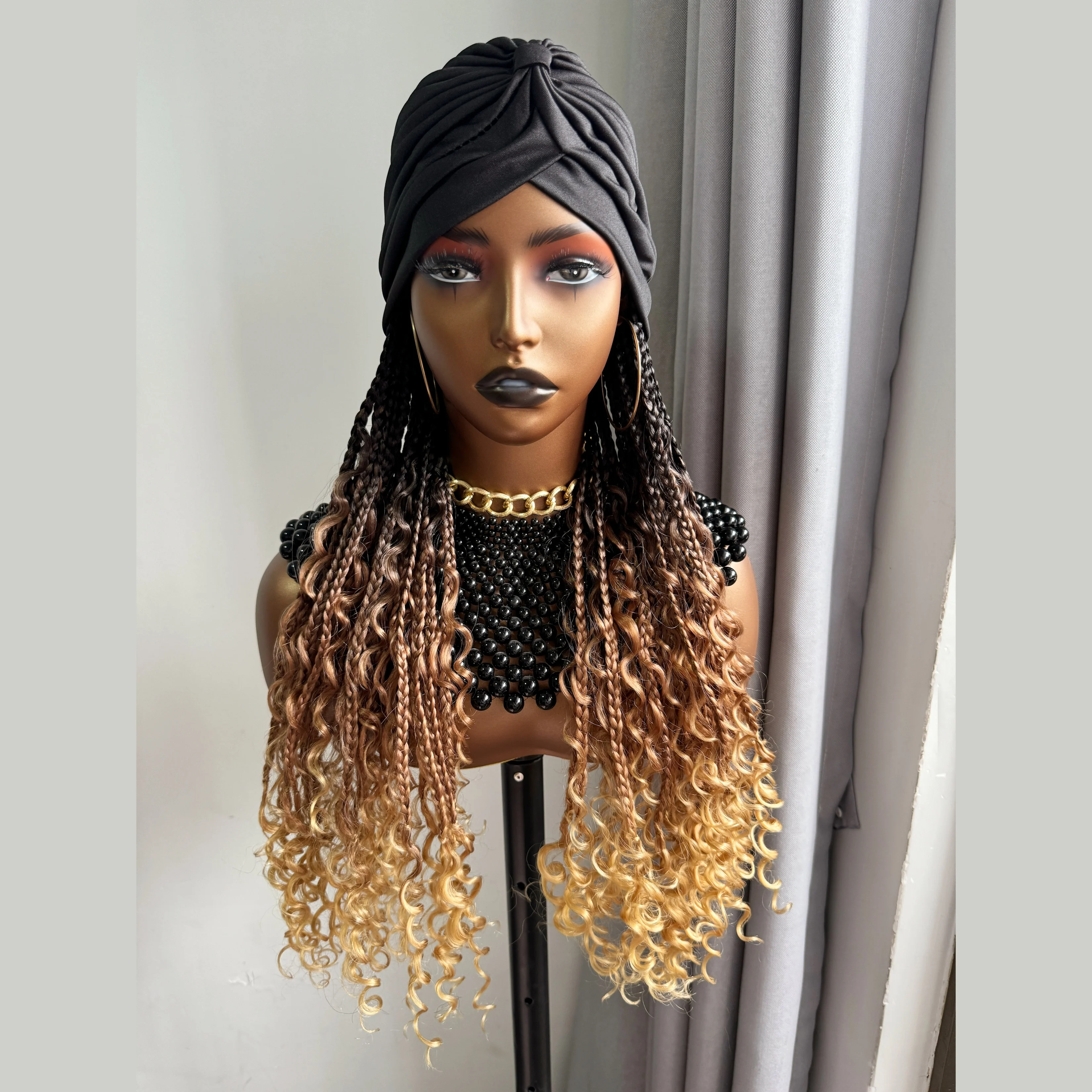 WIGERA Long Headband Ombre Brown Honey Blond Boho Box Braided Synthetic Wig With Changed Freely Turban Braiding Hair Extensions