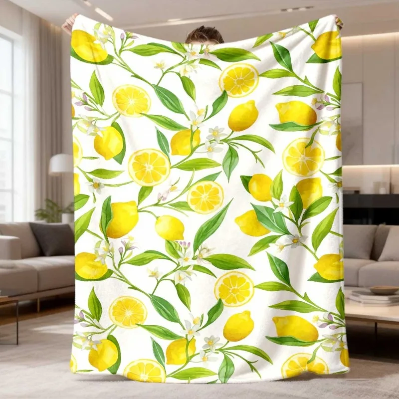 Elegant Italian Lemon Blanket Warm Soft Bedspread Couch Throw Blanket Classic Blue Floral Room Decor Gift For Women Men New