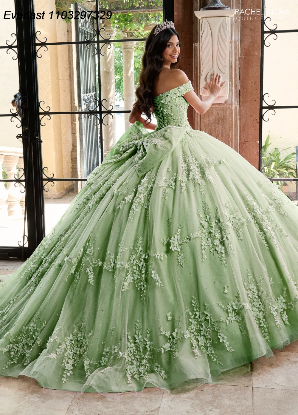 EVLAST блестящее зеленое платье Quinceanera бальное платье 3D Кружевная аппликация из искусственных бусин 16 Vestido De 15 Anos TQD451