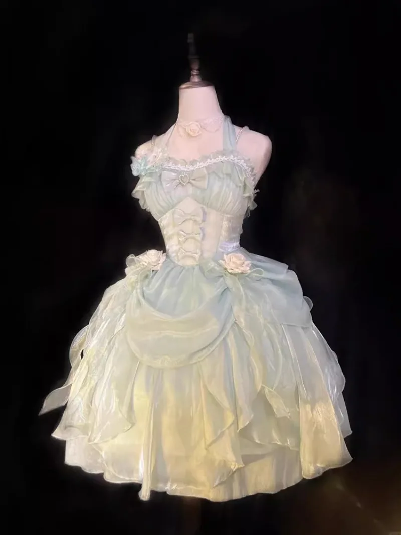 2023 neue Japanische Sommer Hals Bogen Rohr Top Dreidimensionale Blume Taille Dünne Grüne Element Flauschigen Kleid Für Frauen