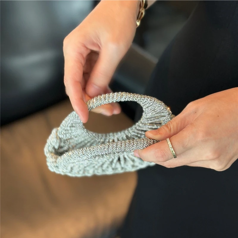 Shiny Clutch Evening Bag Female 2026 Trend Handwoven Silver Rayon Circular Handbag New Elegant Luxury Wedding Party Banquet Bag view 5